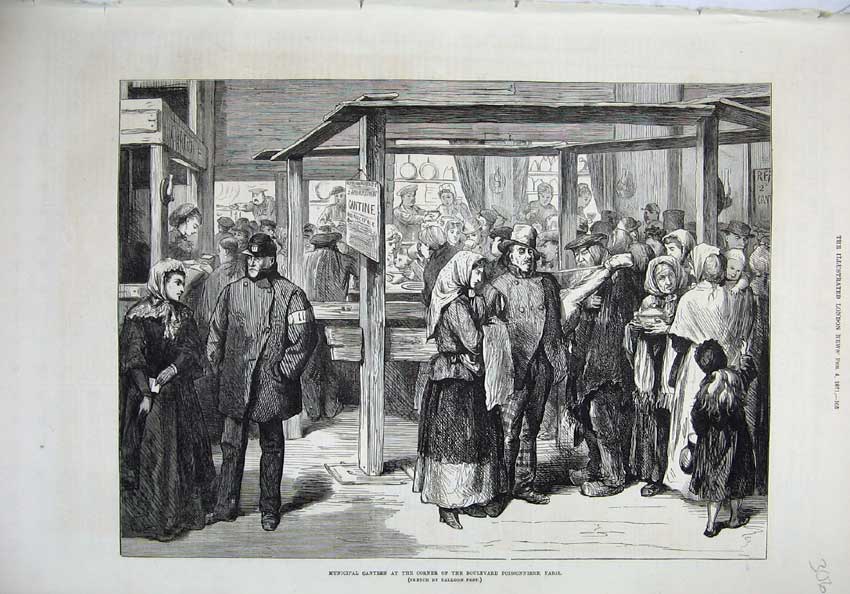 Original Old Antique Print 1871 Municipal Canteen Boulevard Poissonnierre Paris