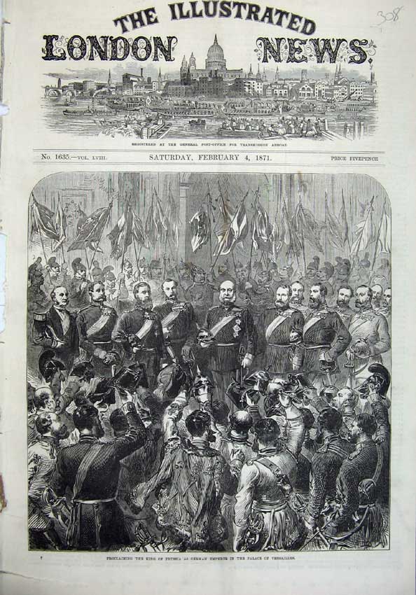 Old Antique Print 1871 King Prussia German Emperor Palace Versailles War 19th