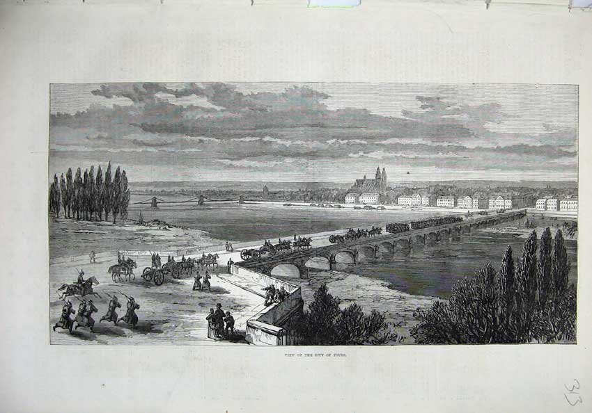 Original Old Antique Print 1871 View City Tours France River Bridge Army Horses