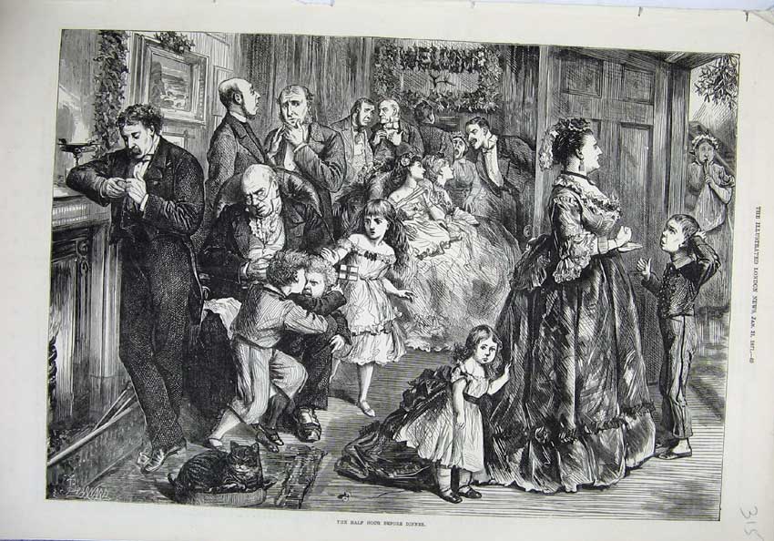 Original Old Antique Print 1871 Fine Art Family Children Women Men Dinner 19th
