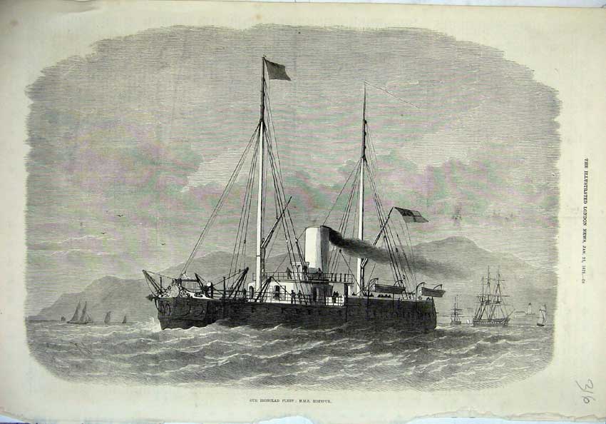 Original Old Antique Print 1871 Ironclad Sailing Ship Fleet H.M.S Hotspur Sea