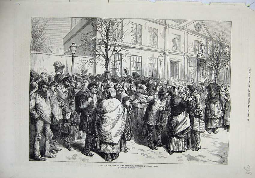 Old Antique Print 1871 Gasworks Barriere D'Italie Paris France People Art 19th