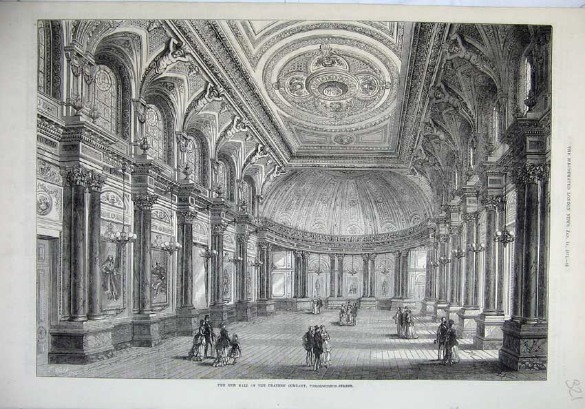 Old Antique Print 1871 Interior Hall Drapers Company Throgmorton Street 19th