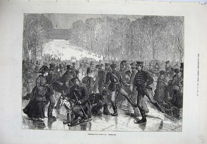 Old Antique Print 1871 Christmas Day Sports Versailles Ice Skating Army 19th
