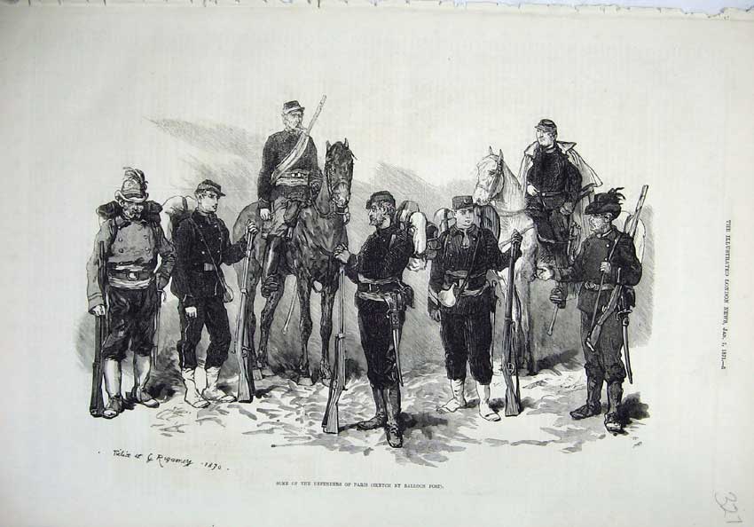 Original Old Antique Print 1871 Defenders Paris France Army Horses Men Weapons