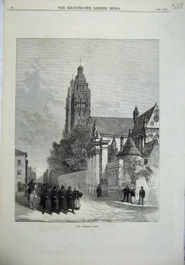 Original Old Antique Print 1871 Cathedral Tours France Army War Church Street