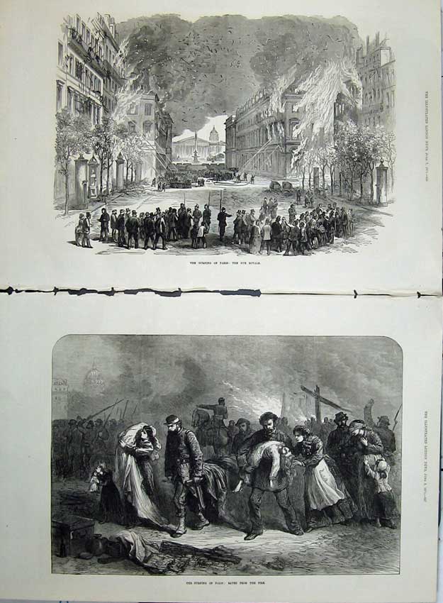 Old Antique Print 1871 Paris Fire Rue Royale People Rescued France Art 19th