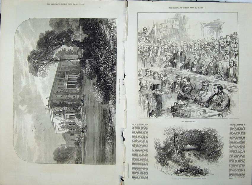 Old Antique Print 1871 Tichnborne House Alresford Hants Waterfall Park 19th
