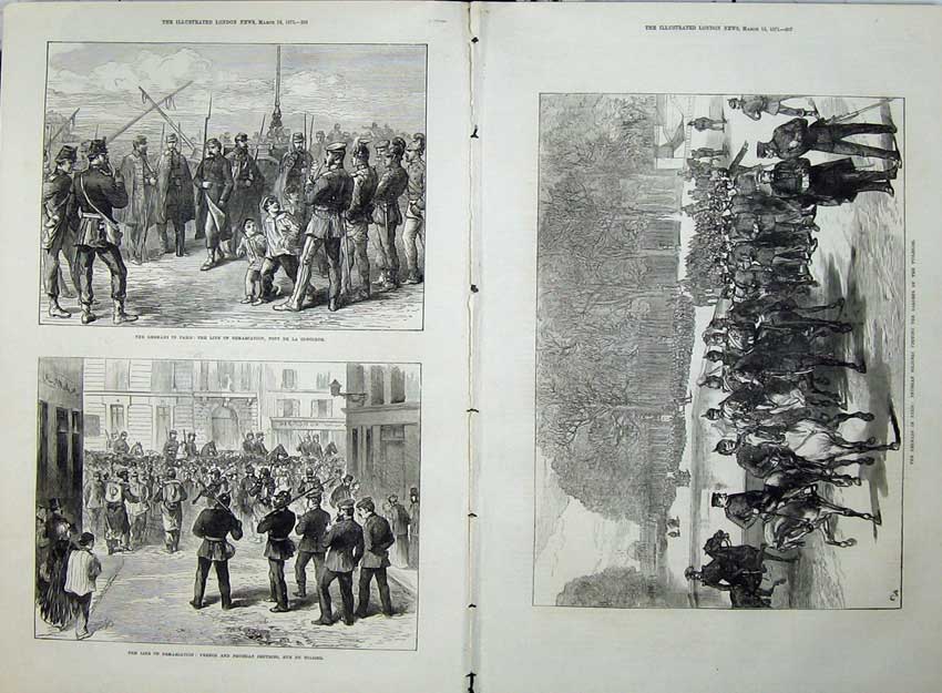 Original Old Antique Print 1871 Germans Paris War Rue Colisee Siers Tuileries