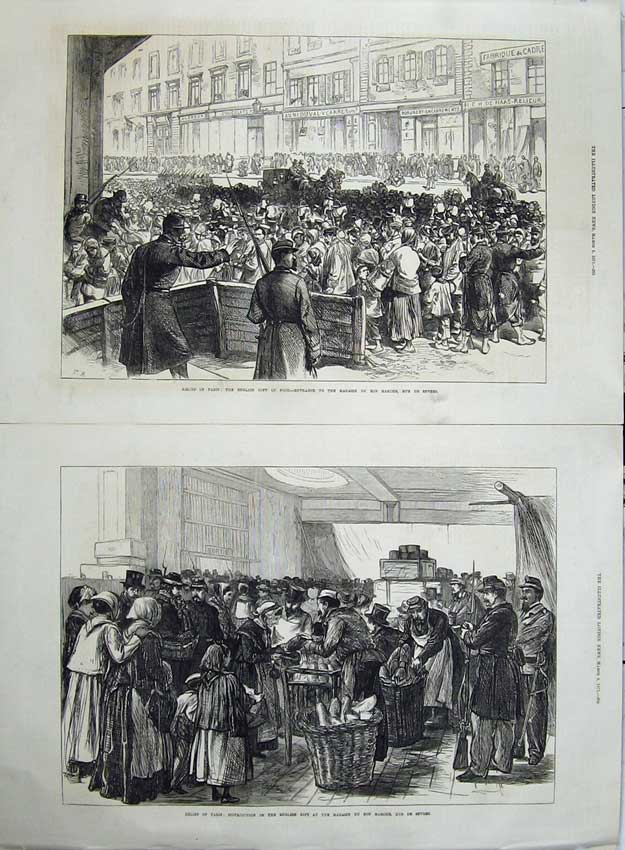 Original Old Antique Print Relief Paris Magasin Marche Sevres 1871 War Siers