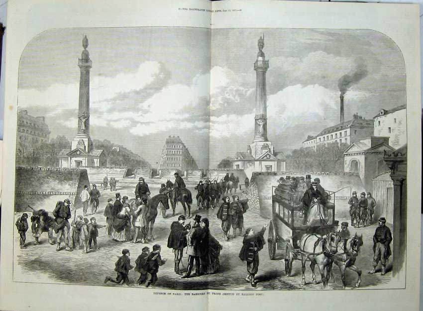 Antique Old Print Paris Defence 1871 War Barriers Du Trone Monument Horse 19th