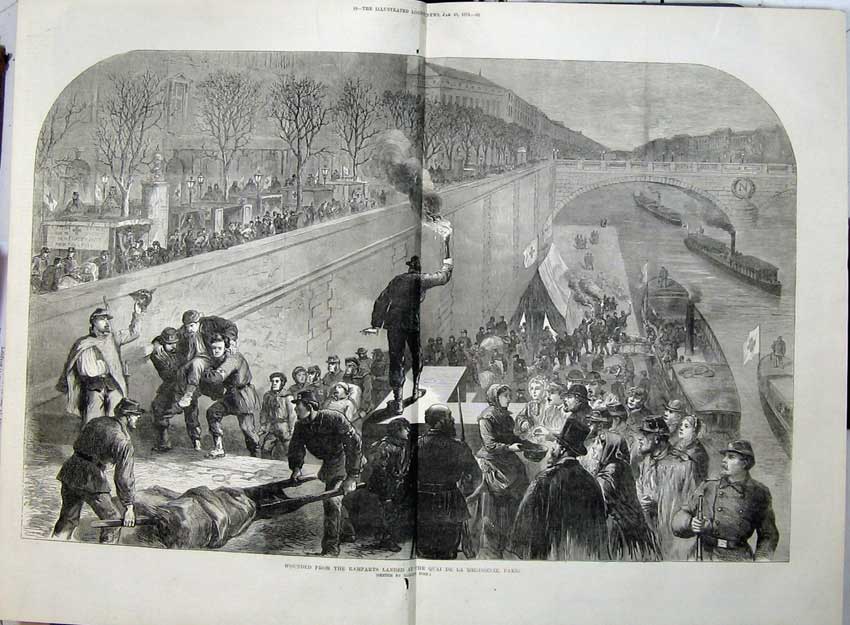 Old Antique Print 1871 Wounded Ramparts Quai Megisserie Paris France War 19th