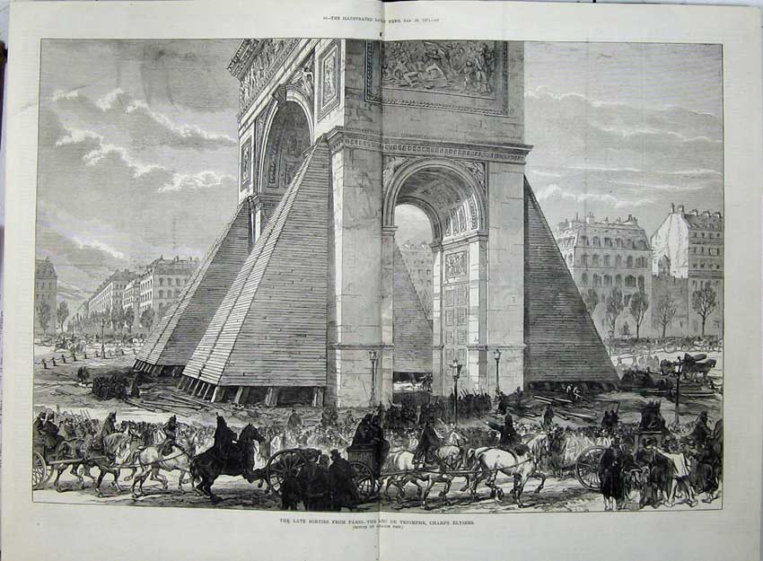 Old Antique Print 1871 Sorties Paris France War Champs Elysees Triomphe 19th