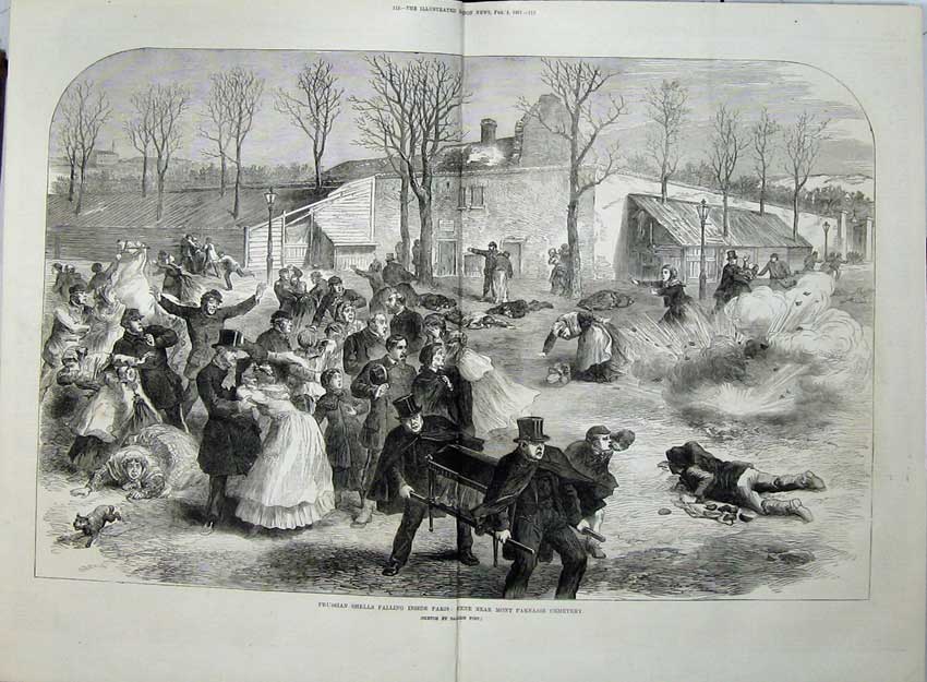 Old Antique Print 1871 Prussian Bombs Paris Mont Parnasse Cemetery War 19th