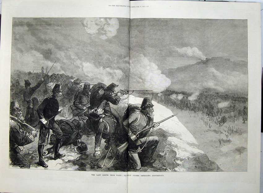 Old Antique Print Sortie Paris War 1871 Prussian Jagers Montretout Army 19th