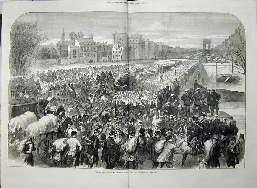 Antique Old Print Capitulation Paris France 1871 War Bridge Neuilly River 19th