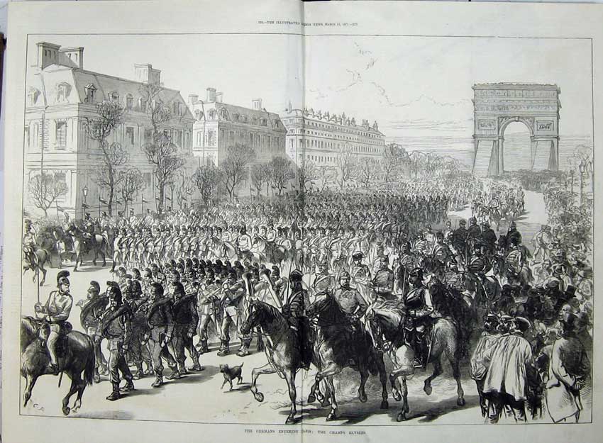 Antique Old Print 1871 German Army Paris France Champs Elysees War Horses 19th