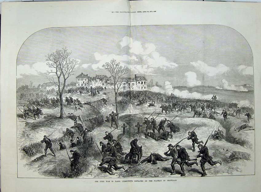 Antique Old Print 1871 Civil War Paris France Communist Plateau Chatillon 19th