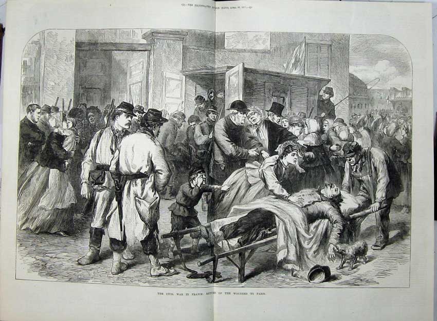 Original Old Antique Print Civil War France 1871 Wounded Siers Paris Army Dog