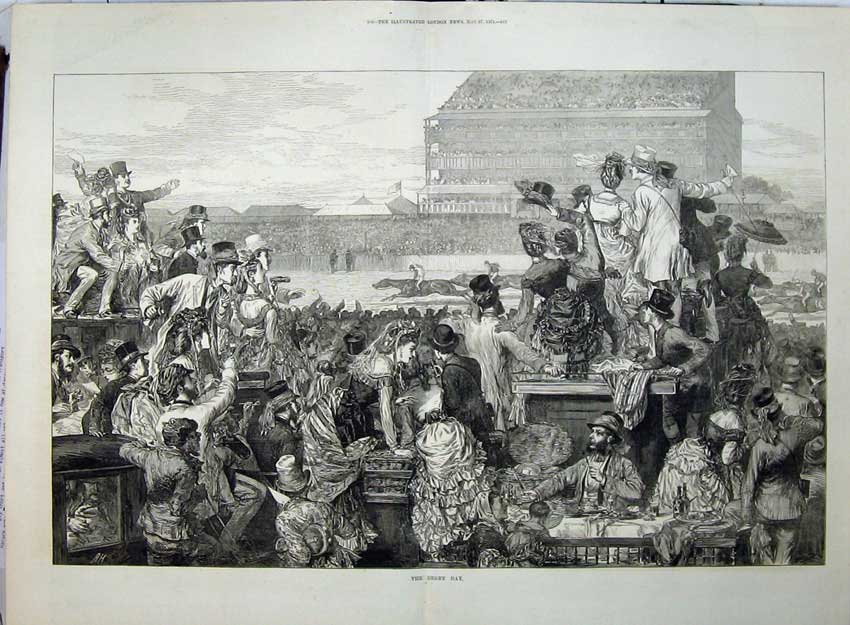 Antique Old Print 1871 Derby Horse Racing Day Sport Women Men Grand Stand 19th