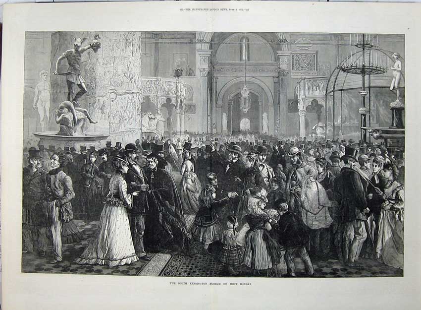Old Antique Print South Kensington Museum Whit Monday 1871 Families Art 19th