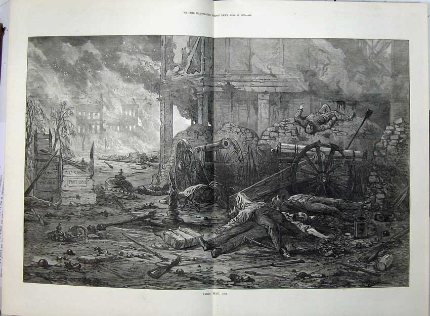 Old Antique Print 1871 Paris France War Devastation Bombing War Fire Art 19th