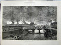 Antique Old Print Burning Tuileries 1871 Fire Buildings Bridge River Boat 19th