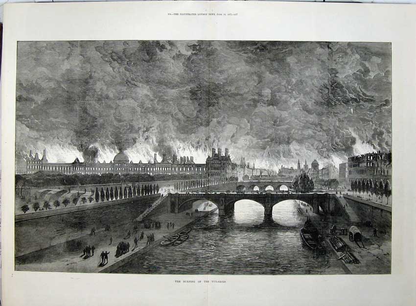 Antique Old Print Burning Tuileries 1871 Fire Buildings Bridge River Boat 19th