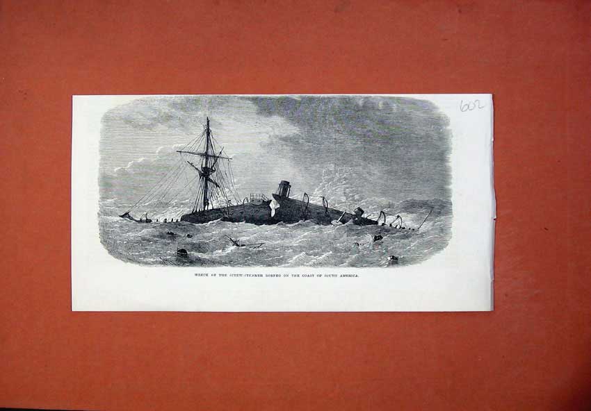 Original Old Antique Print 1871 Ship Wreck Screw-Steamer Borneo South America