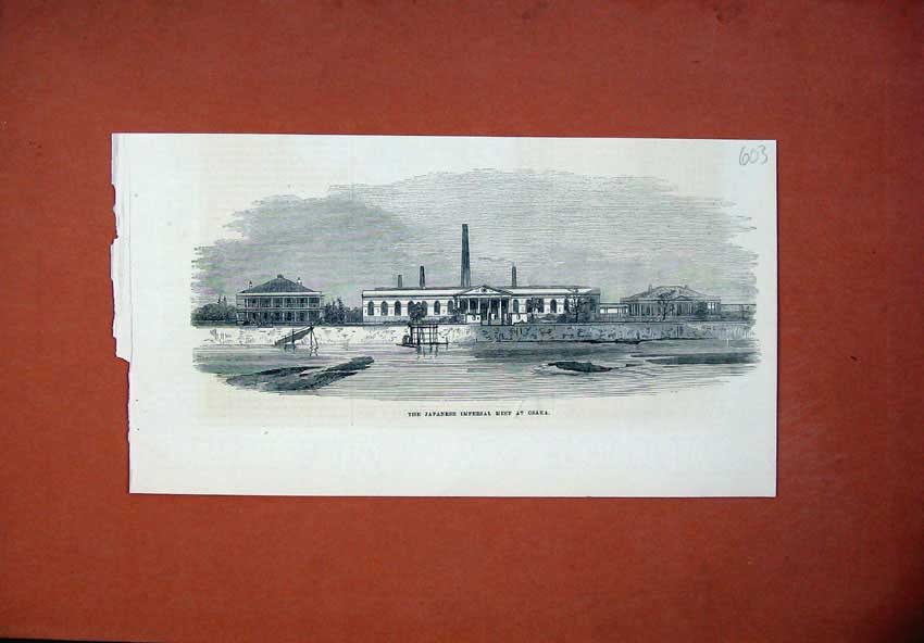 Original Old Antique Print 1871 View Japanese Imperial Mint Osaka Buildings