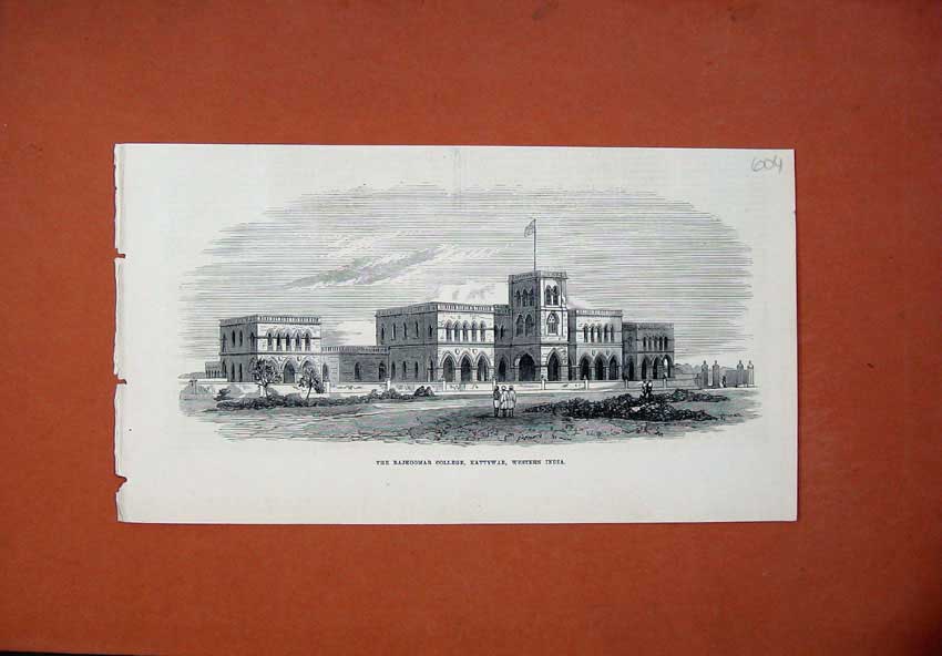 Old Antique Print 1871 Rajkoomar College Kattywar Western India Building 19th