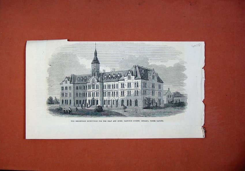 Original Old Antique Print 1871 Belleville Institution Deaf Dumb Ontario Canada