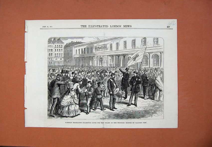 Old Antique Print 1871 Paris Schoolboys Collecting Gifts Street Flag Drum 19th