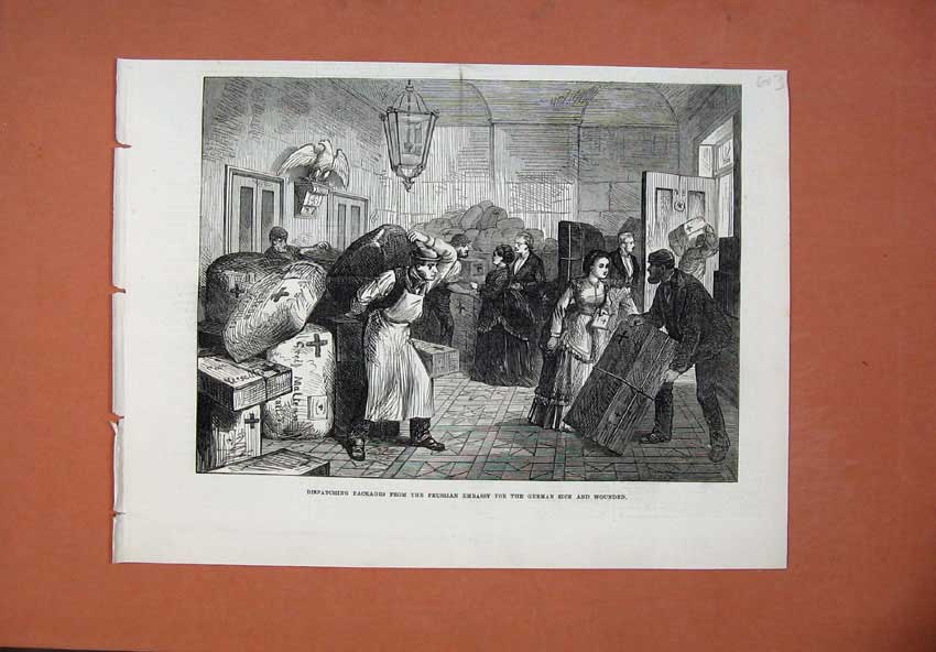 Original Old Antique Print 1871 Packages Prussian Embassy German Wounded People