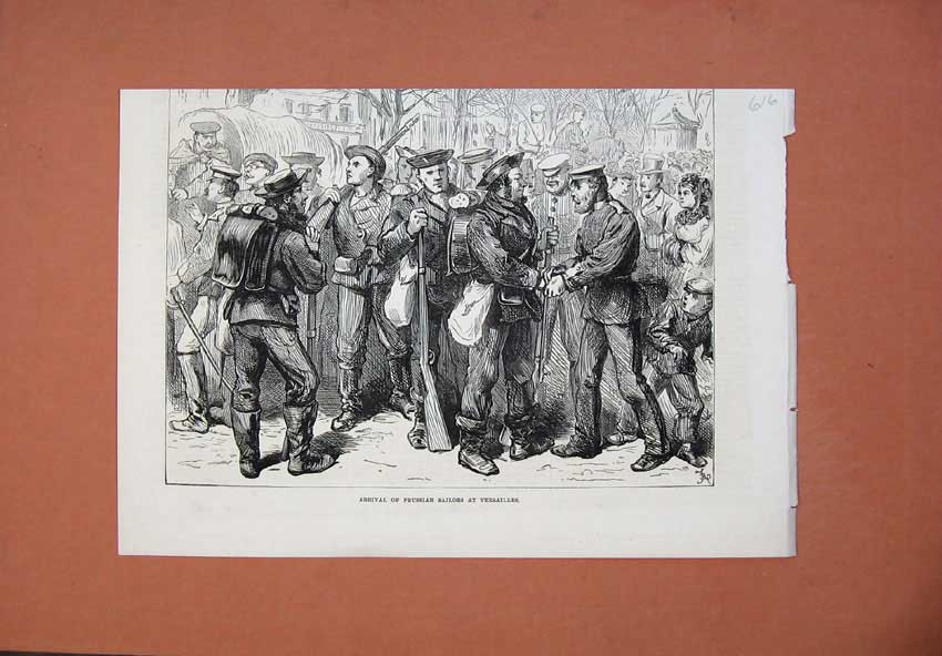 Original Old Antique Print 1871 War Arrival Prussian Siers Versailles France
