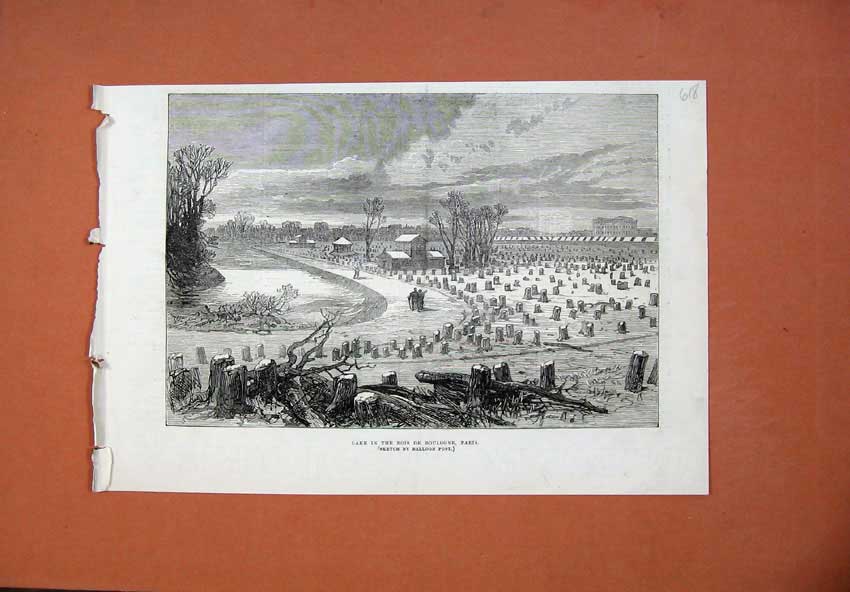 Original Old Antique Print Lake Bois De Boulogne Paris France 1871 Balloon Post
