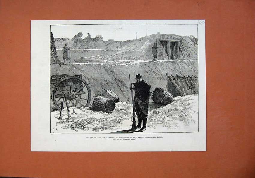 Old Antique Print 1871 Bastion Occupied Bourgeois Garde Sedentaire Paris 19th