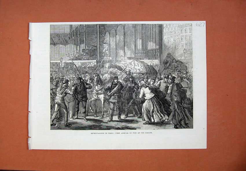 Original Old Antique Print 1871 Revictualling Paris Fish Halles France People