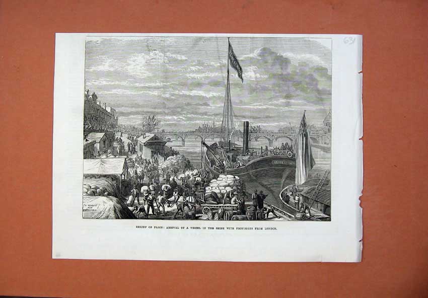 Old Antique Print 1871 Relief Paris Ship River Seine Bridge France Horse 19th