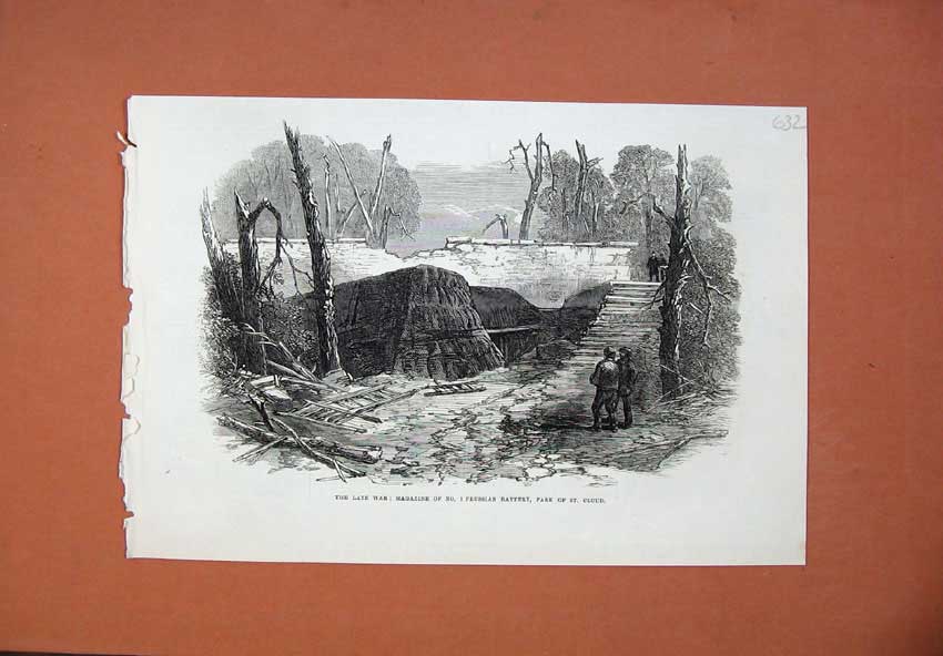Old Antique Print 1871 War Magazine Prussian Battery Park St Cloud Bomb 19th