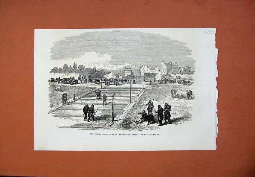 Original Old Antique Print 1871 French Seige Paris Communists Battery Trocadero