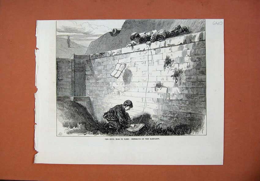 Original Old Antique Print Civil War Paris France 1871 Newsboys Ramparts Castle