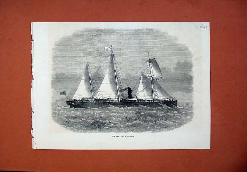 Original Old Antique Print 1871 Steam Sailing Ship Europe Sea People Victorian