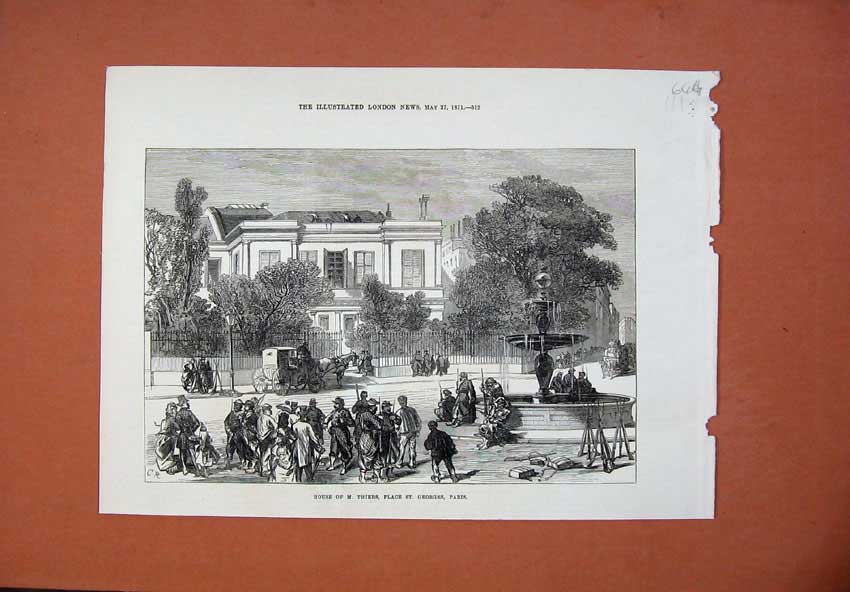 Old Antique Print 1871 House Thiers Place Georges Paris France Fountain 19th