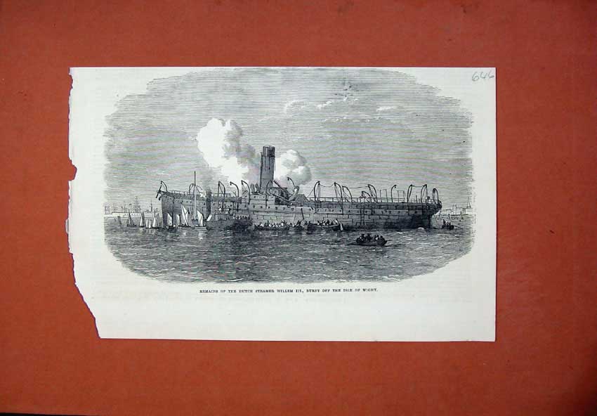 Original Old Antique Print 1871 Ship Wreck Dutch Steamer Willem Isle Wight Fire