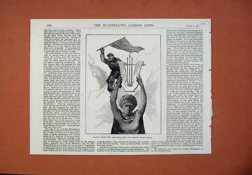 Old Antique Print 1871 Man Taking Down Red Flag Grand Opera House Statue 19th