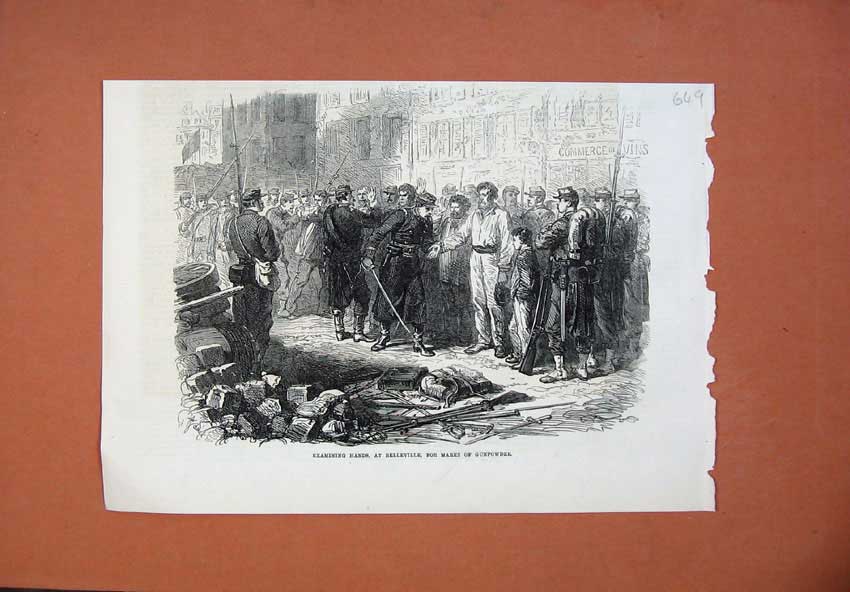 Original Old Antique Print 1871 Examing Hands Belleville Gunpowder Siers War