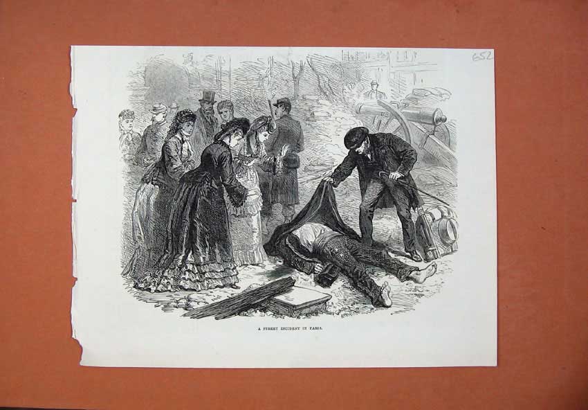 Old Antique Print 1871 Street Incident Paris France Man Wounded War Gun 19th