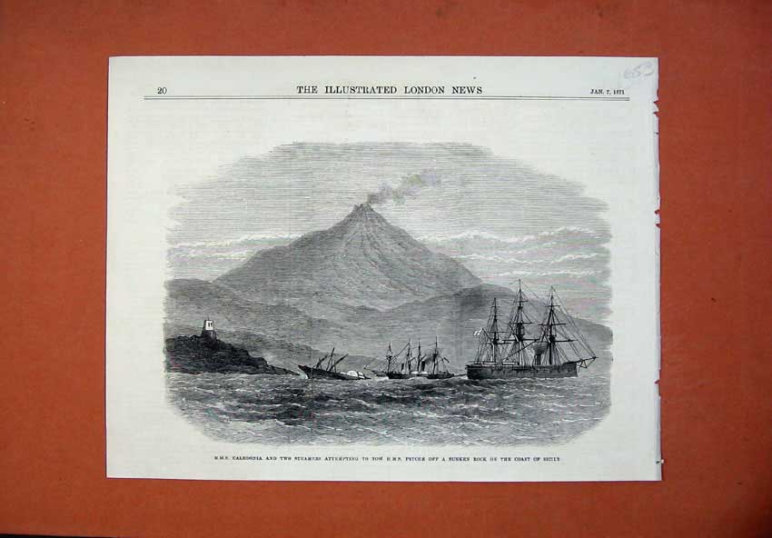 Old Antique Print Ships Caledonia Steamers Psyche Rock Coast Sicily 1871 19th