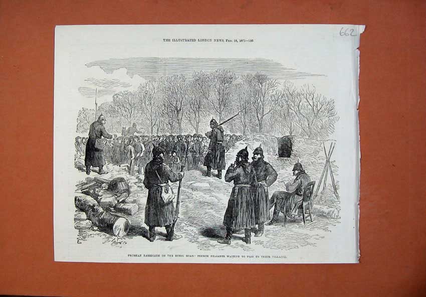 Old Antique Print 1871 Prussian Barricade Rueil Road War French Peasants 19th
